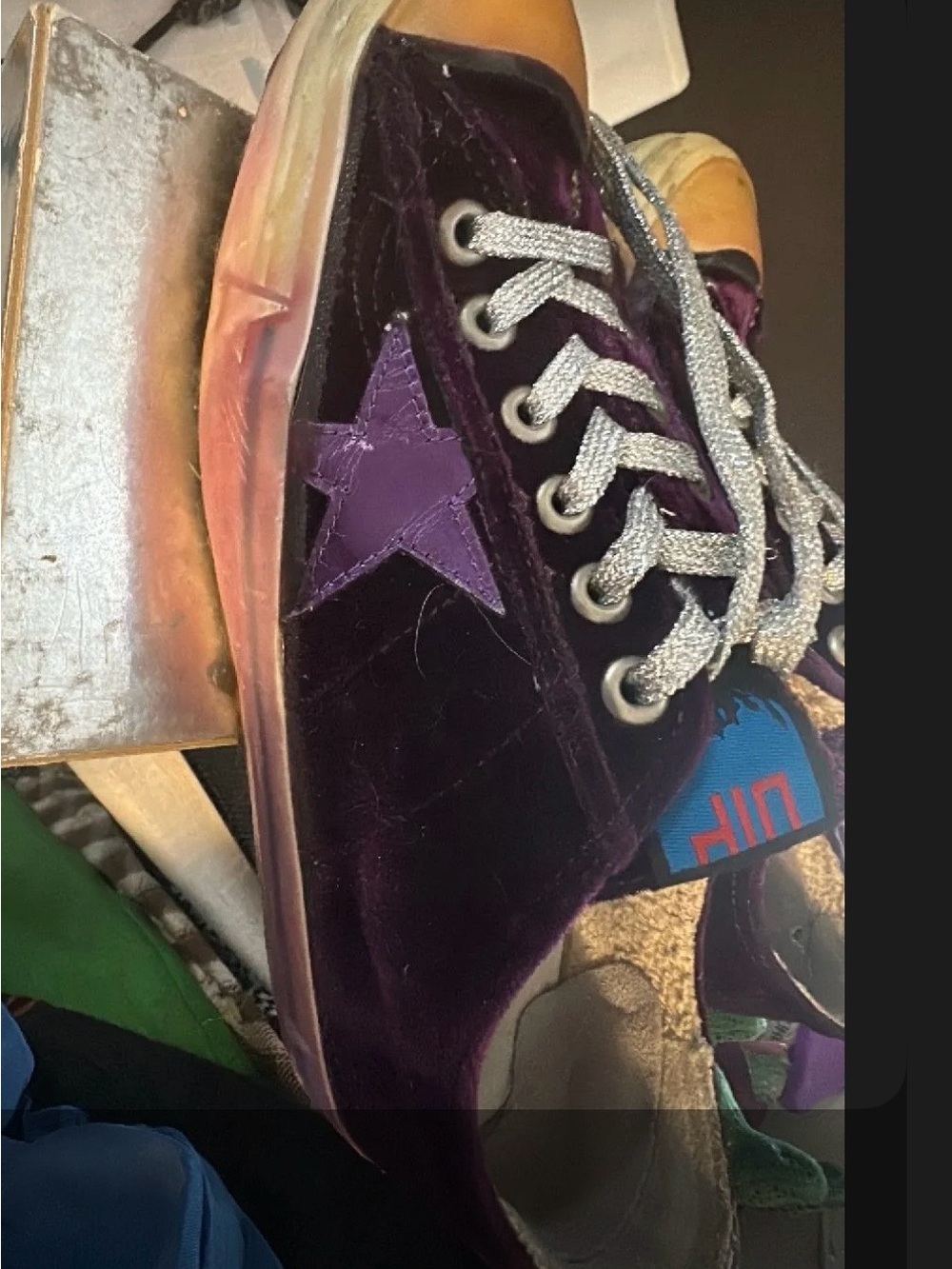 Golden Goose Purple Velvet Low-Top Sneakers with Silver Laces and Gold Toe